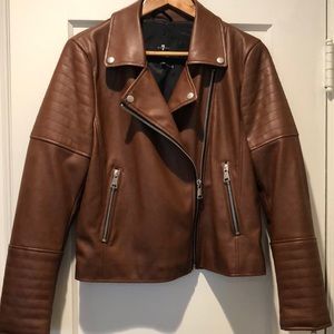 7 For All Mankind Faux Vegan Leather Moto Jacket Cognac New L